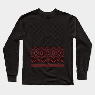 Palestinian Arabic Kufiya Keffiyeh or also called Hatta Traditional Pattern with Tatreez Embroidery Art Design Red Black on White Long Sleeve T-Shirt